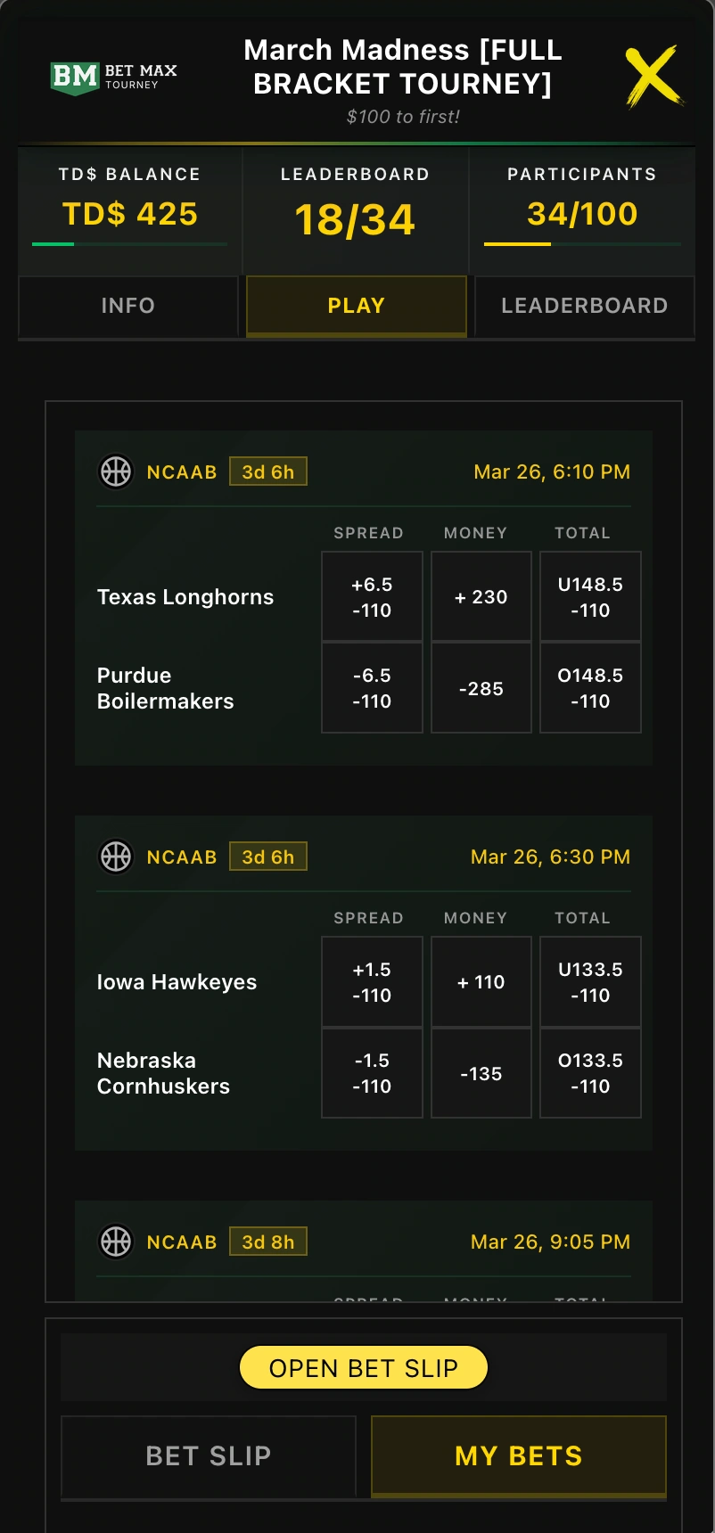 Bet Max Tourney Make Picks Interface