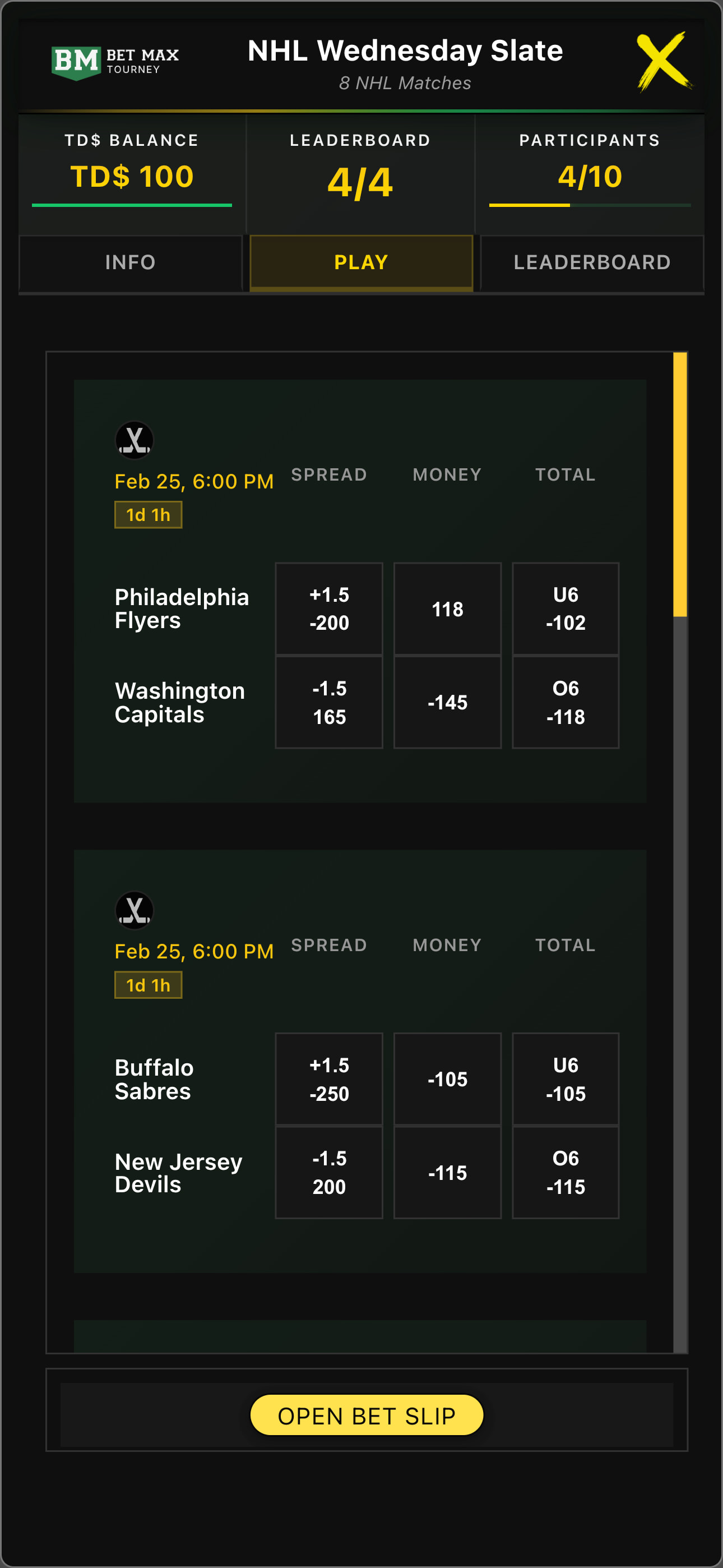Bet Max Tourney Make Picks Interface