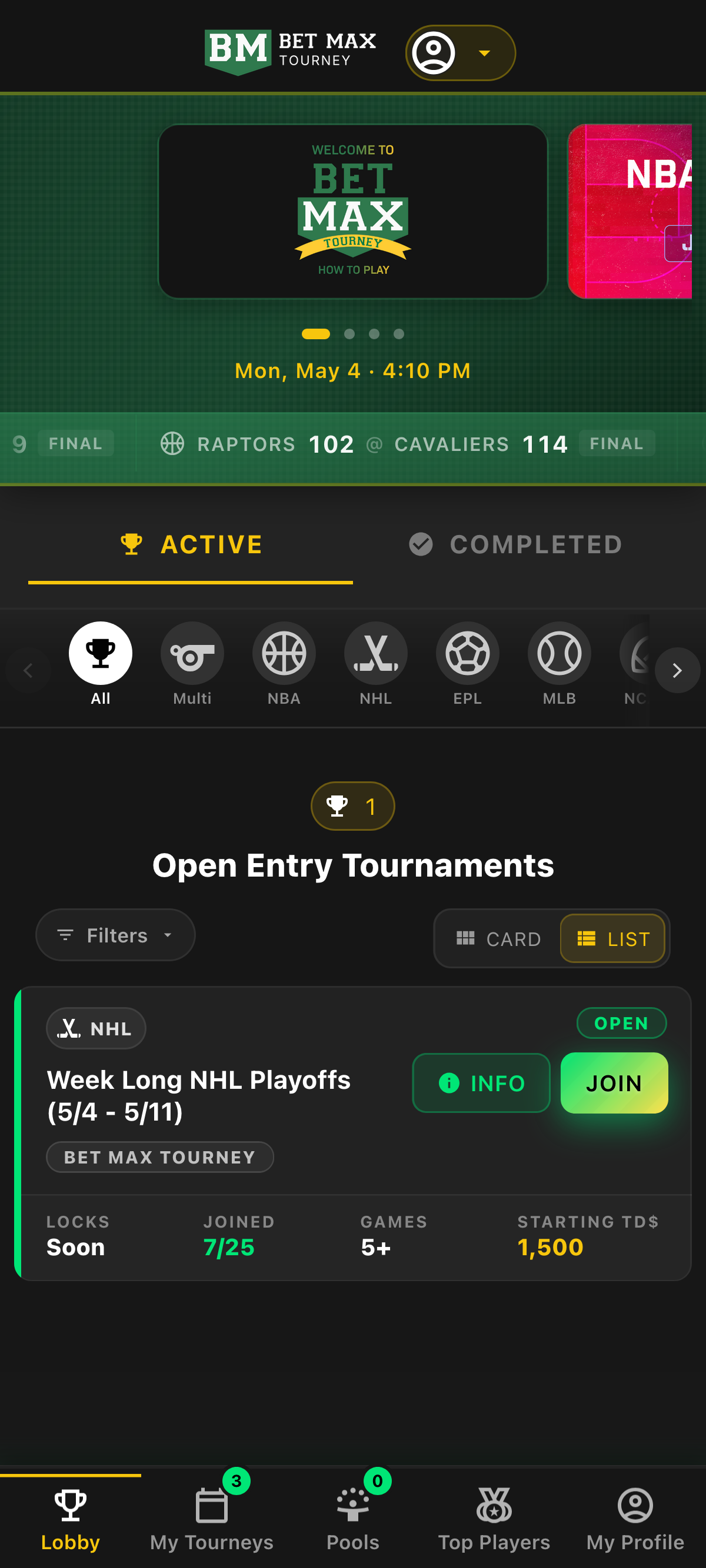 Bet Max Tourney tournament list