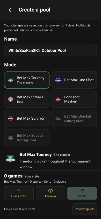 Choosing a game mode when creating a Bet Max Pool