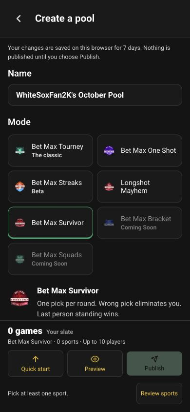 Selecting Bet Max Survivor in the current pool creation screen
